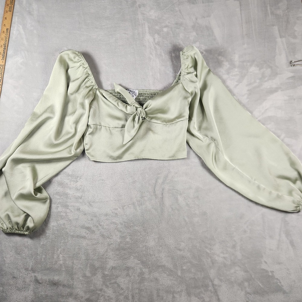 Princess Polly Sage Green Satin Tie Front Crop Top Puffy Sleeve Y2K Coquette